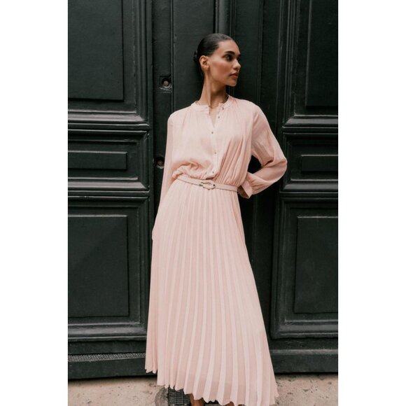 ZARA PLEATED MIDI DRESS WITH BELT - Picture 1 of 11